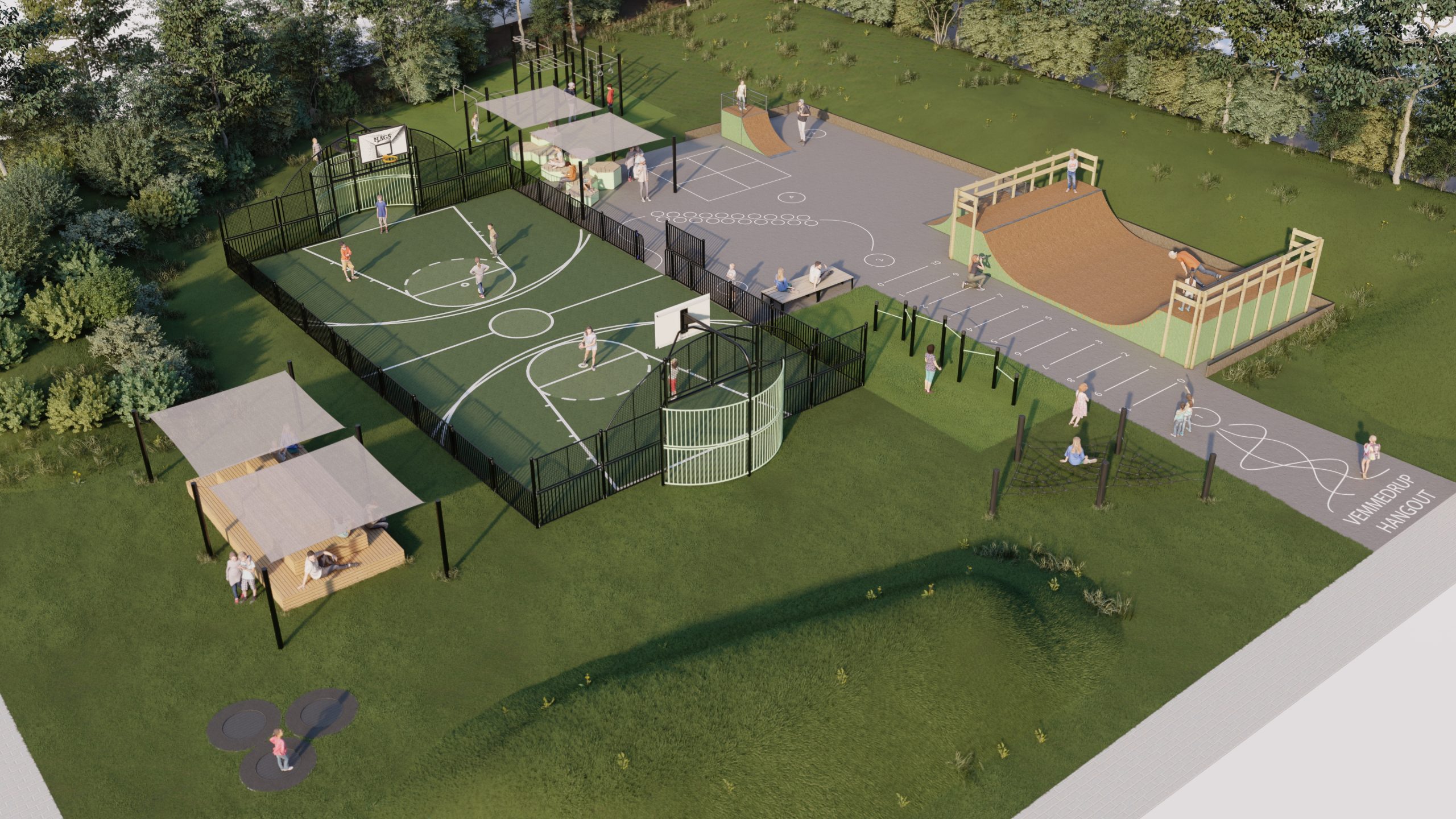 Render of a school playground, with seating, sports arenas and sporting facilities like a skate area.